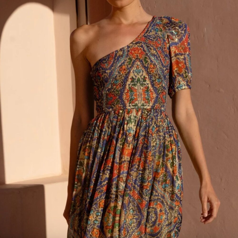 Oliphant Puff Sleeve One Shoulder Smocked Maxi- Persia Cobalt